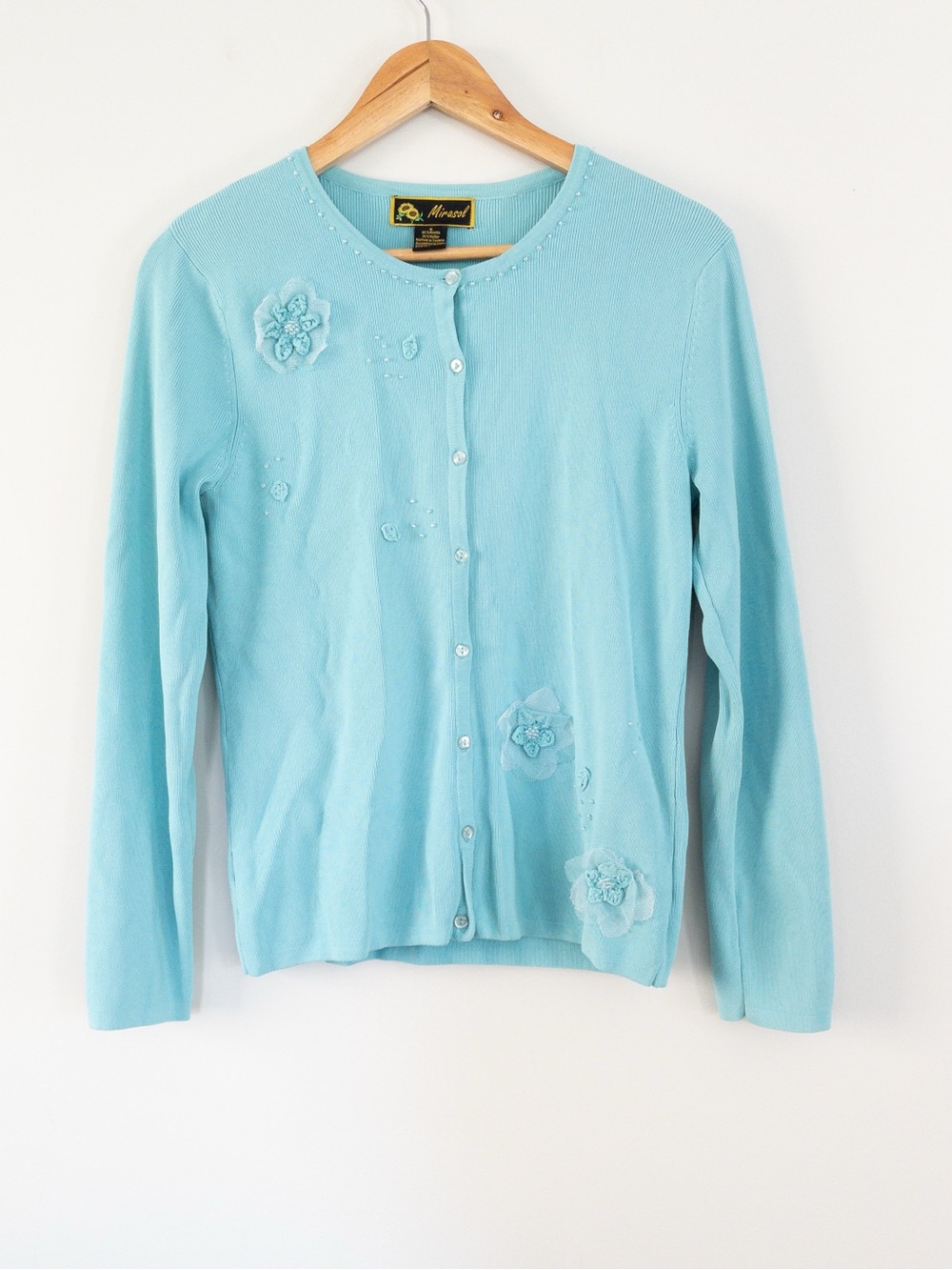 Vintage Circa 90's Y2K Mirasol Beaded Tulle Crochet Flower Cardigan Artsy Twee